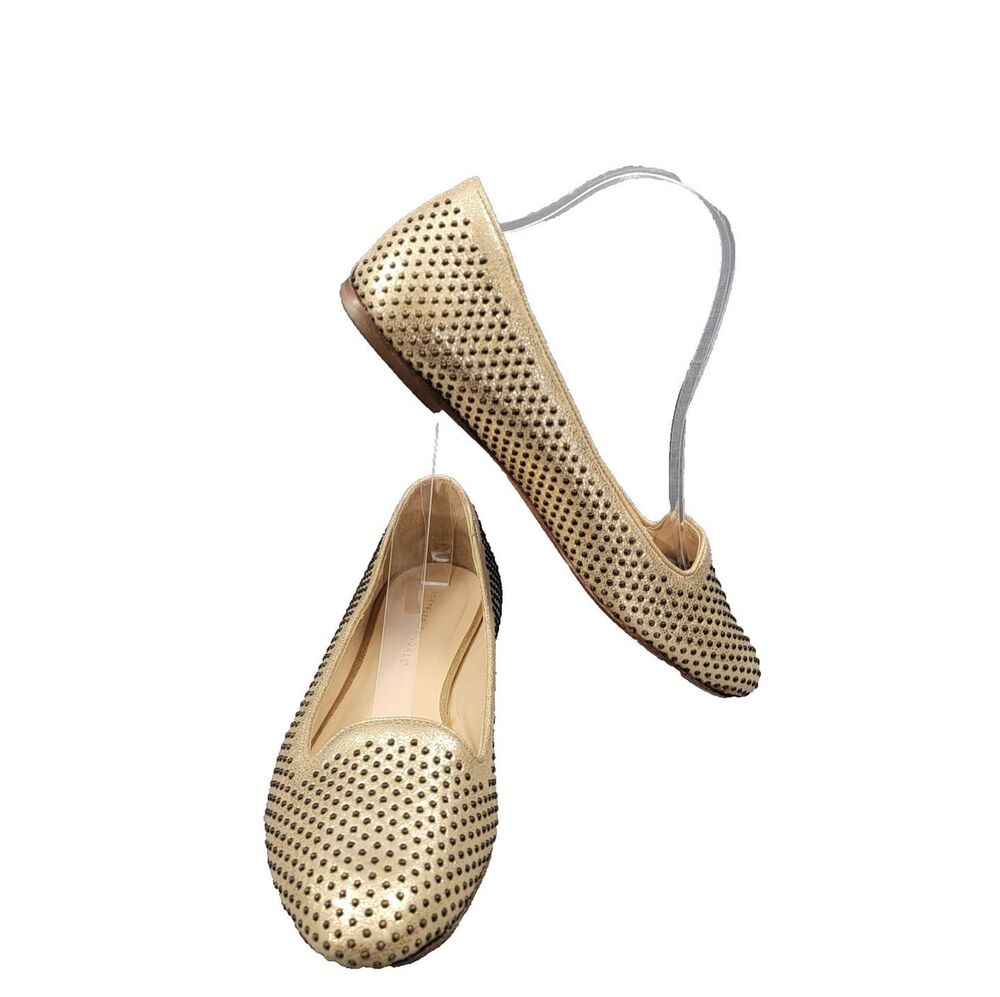 Loeffler Randall Mo Studded Metallic Gold Leather Ballet Flats Loafers Size 9B